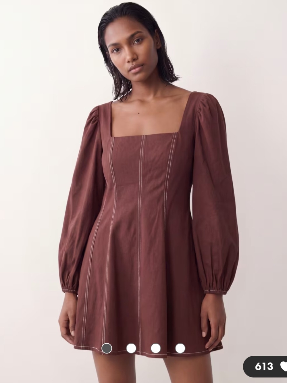 ASOS DESIGN square neck twill mini dress with puff sleeves and contrast stitchin